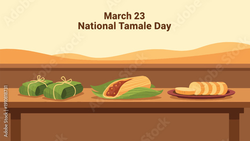 Illustration celebrating National Tamale Day on March 23, featuring various types of tamales on a wooden table with a desert background.
