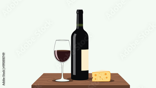 Bottle of red wine and a glass are placed next to a wedge of cheese on a rustic wooden table against a pale green background for a scene.