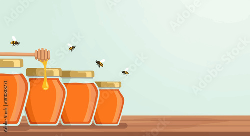 Jars of golden honey with bees flying around on a wooden surface