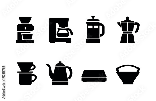 A set of simple black icons representing various coffee making tools including grinders, machines, and kettles