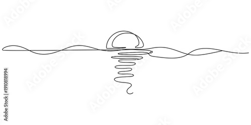 Simple black line drawing of a sun setting or rising over gentle ocean waves.