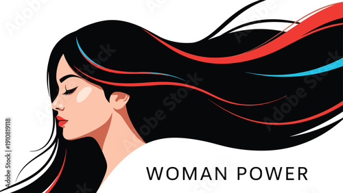 Strong woman with flowing black hair and vibrant red streaks poses in profile against a white background with woman power text.