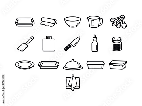 A variety of essential kitchen tools and storage items are depicted in a simple outline style, perfect for culinary themes