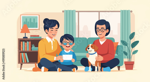 Happy family and dog sitting on floor in living room with bookshelf and plant