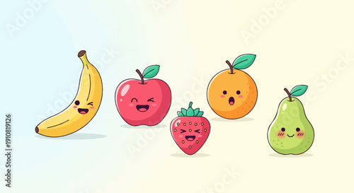 Happy cartoon fruits banana, apple, strawberry, orange, pear