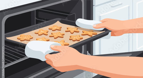 Hands with oven mitts carefully remove a tray of star-shaped cookies from a hot oven