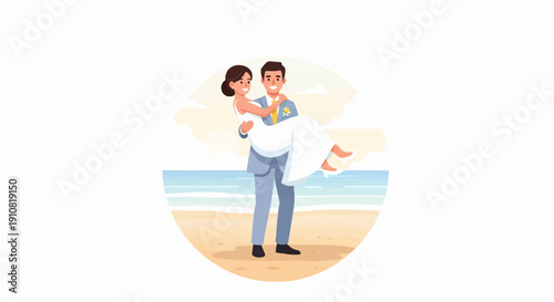 Happy bride in groom's arms on a beach with ocean backdrop