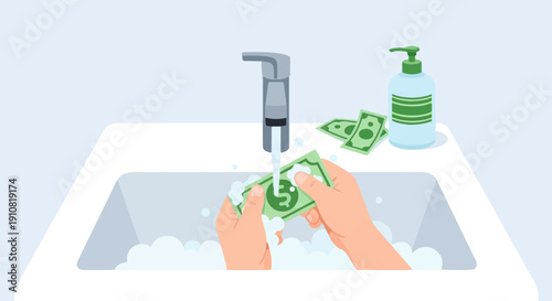 Hands washing money under a running faucet with soap