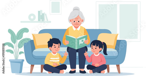 Grandmother reads storybook to grandchildren on couch