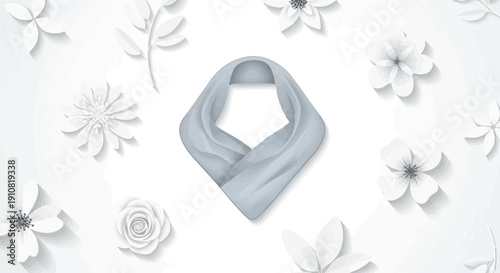 Gray infinity scarf centered among delicate white paper flowers and leaves
