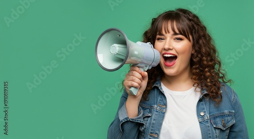 A young woman with curly hair holding a megaphone and shouting loudly against a green background