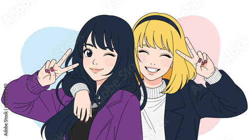 Two happy female friends with different hair colors smile and show peace signs while posing together for a fun social media photo.