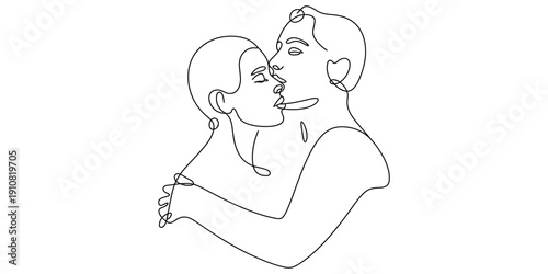 Minimalist line art illustration of a romantic couple in an intimate embrace and kissing.