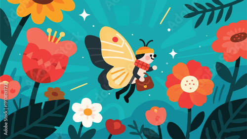 Illustration Of A Butterfly Wearing A Scarf And A Sling Bag, Flying In A Natural Garden Full Of Flowers, Soft Sunlight, Cheerful Holiday Atmosphere Vector Design Template