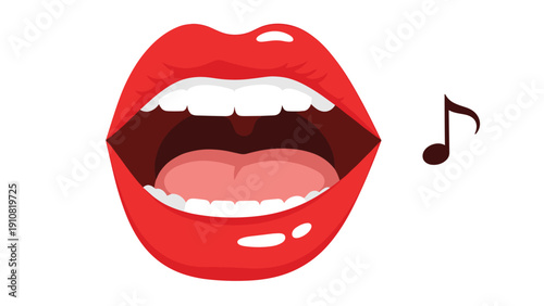 Vibrant red lips are wide open in a singing pose next to a single musical note on a clean white background for music art.