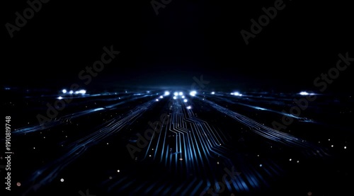 Abstract Futuristic Digital Circuit Board with Glowing Blue Data Stream and Moving Light Points, 4k slow motion.	