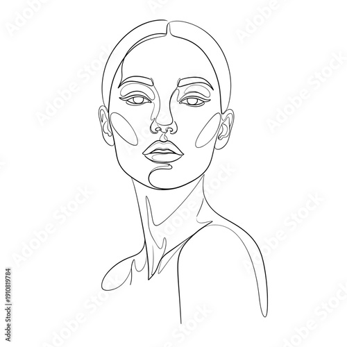 A minimalist line drawing of a woman's face, showcasing elegant features and a serene expression with bold outlines.