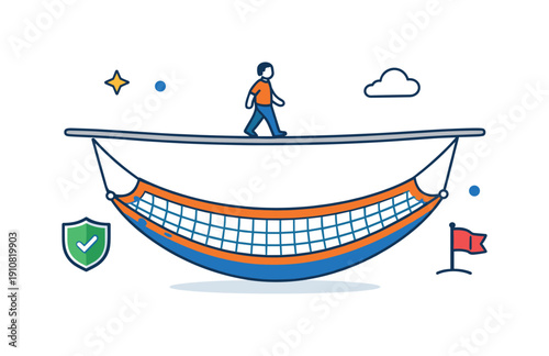 A person balances precariously on a tightrope, with a safety net below, symbolizing risk management and security measures