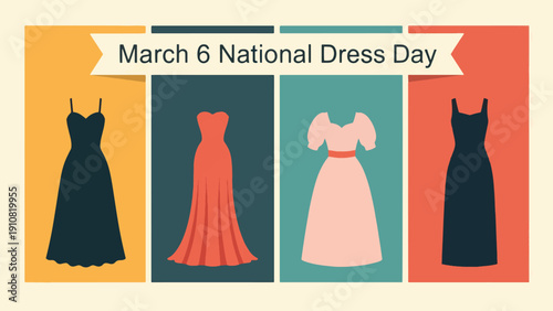 March 6 National Dress Day Banner with Assorted Dress Silhouettes in Flat Design Panels Vector Illustration
