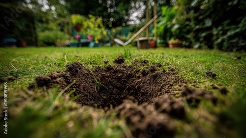Underground hole in a yard, earthy tones, natural lighting in an outdoor gardening scene