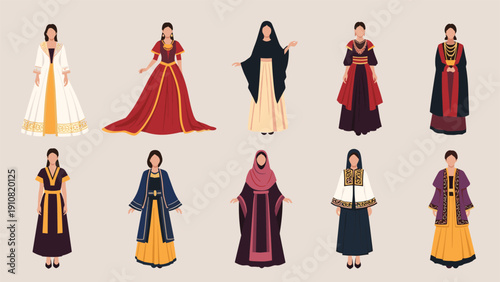 Diverse collection of women showcases traditional ethnic dresses from various cultures in a row against a plain neutral background.