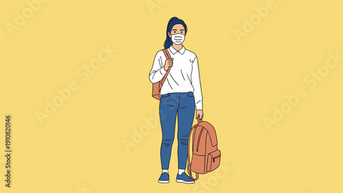 Female student wearing a face mask and casual clothes stands with two backpacks against a plain yellow background for school safety.