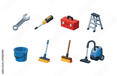 A set of essential tools for home maintenance and cleaning, including a wrench, screwdriver, toolbox, ladder, bucket, mops, and vacuum cleaner