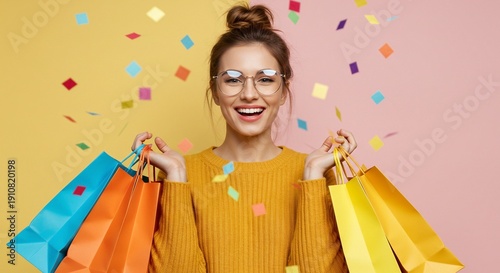 A young woman excitedly holding colorful shopping bags with confetti falling around her.