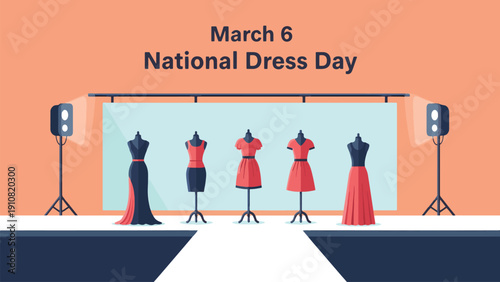 March 6 National Dress Day Banner with Fashion Studio Backdrop and Dresses on Mannequins Flat Vector Illustration