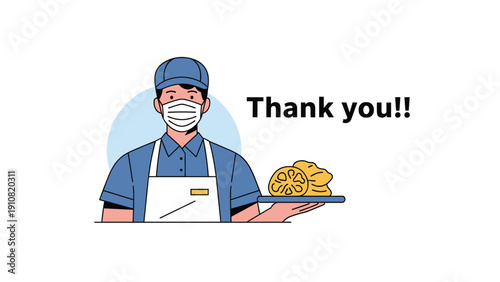 Food delivery courier wearing a medical mask and cap holds a tray of bread rolls with a thank you message for essential workers.