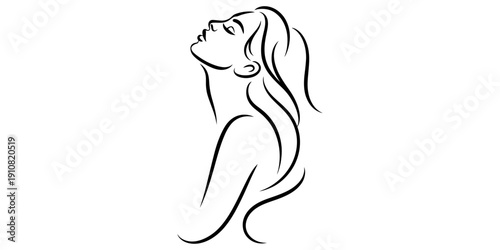 Elegant minimalist line art drawing of a beautiful woman looking upwards with long flowing hair