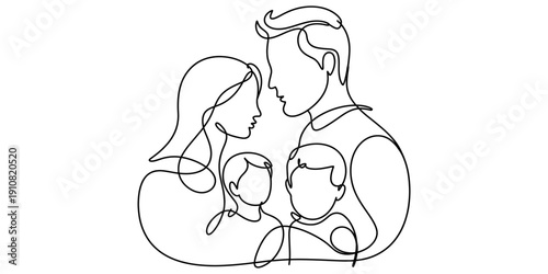 Continuous one line drawing of a happy family with father mother and two children