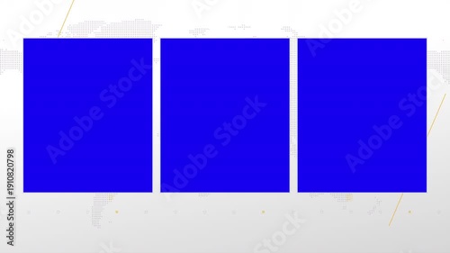 Three box split screen for news, interviews, live broadcast, tv shows, live streaming. Blue chroma key cut, 4K loopable world map background with yellow elements, simplicity and minimalism design.