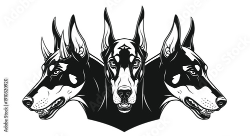 Three-headed Doberman Pinscher illustration, aggressive guard dog, powerful symbol