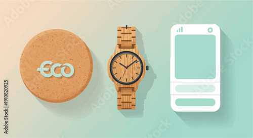 Natural materials cork coaster, wooden watch, and minimalist phone on pastel background