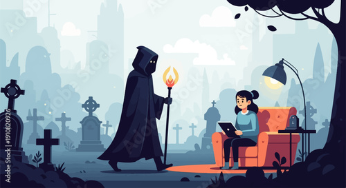 Grim Reaper walks past a woman sitting comfortably on a sofa with a laptop
