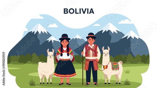 Bolivian couple in traditional dress stands in a scenic mountain landscape with two white llamas under a clear sky for cultural representation.