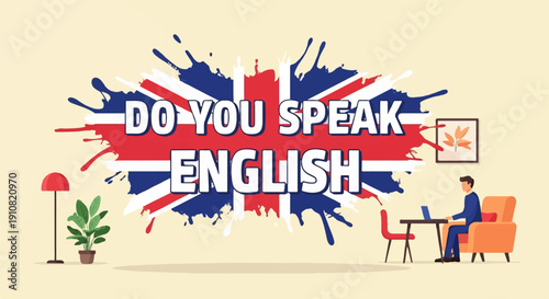 Man studying English online, with a British flag splash and cozy room setting
