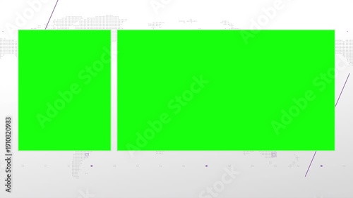 Two box split screen for news, interviews, live broadcast, tv shows, live streaming. Green chroma key cut, 4K loopable world map background with purple elements, simplicity and minimalism design.