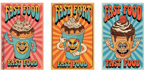 Groovy cartoon cups with swirling toppings and expressive faces are featured