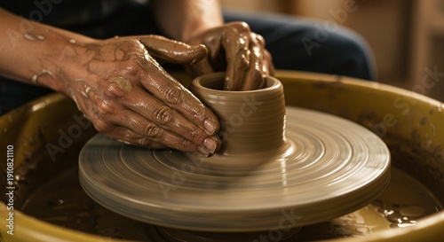 A person skillfully shapes a clay pot on a pottery wheel in a studio