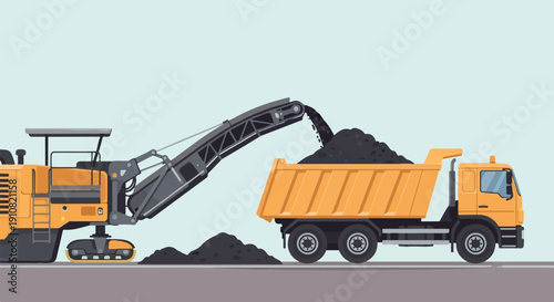 Heavy machinery loads asphalt into a dump truck on a construction site