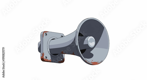 Grungy gray megaphone-shaped speaker with mounting plate, aged