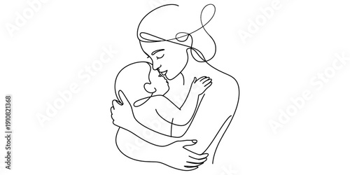 Minimalist continuous line art illustration showing a mother holding her infant close.