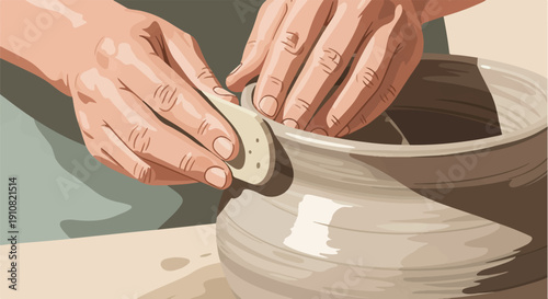 Hands shaping clay on a potter's wheel