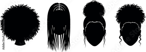 Collection of black female silhouettes showing diverse hairstyles including afro braids and updo for beauty and hair salon vector illustration.