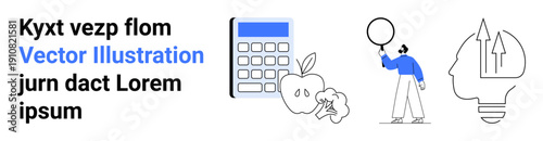Calculator, apple, and broccoli emphasize calculation and healthy choices. Person with magnifying glass and head with arrows symbolize curiosity and innovation. Ideal for education, nutrition