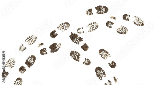 Path of muddy boot footprints with realistic dirt texture and tread patterns, isolated on transparent background, symbol of evidence, walking, or messy outdoor activity.