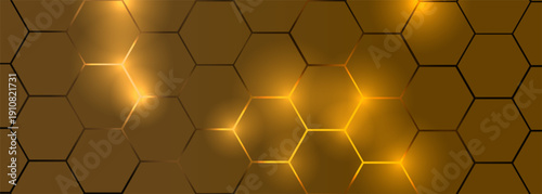Golden hexagon structure blending technology and elegance. Luxurious honeycomb design. Abstract hexagonal with glowing nodes. Elegant honeycomb pattern featuring luminous points and highend themes