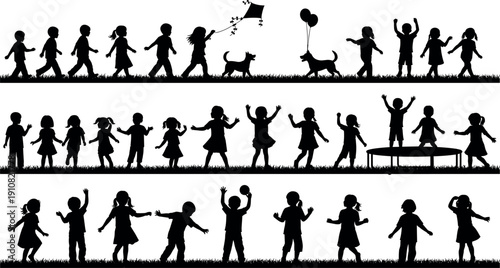 Big collection of happy children playing silhouettes vector illustration set with kids running jumping and having fun outdoors on white background